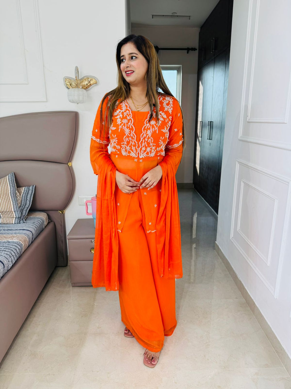 Amara👗 | Designer Orange Palazzo Suit Set – White Embroidered Kurta & Dupatta