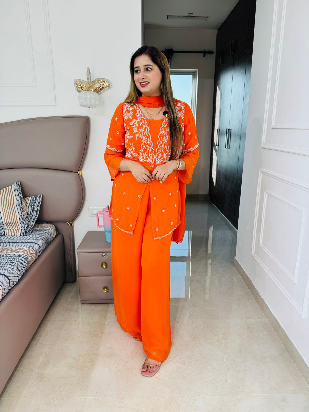 Amara👗 | Designer Orange Palazzo Suit Set – White Embroidered Kurta & Dupatta