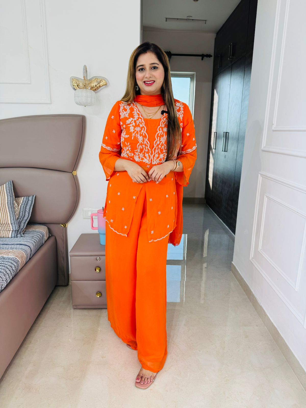 Amara👗 | Designer Orange Palazzo Suit Set – White Embroidered Kurta & Dupatta