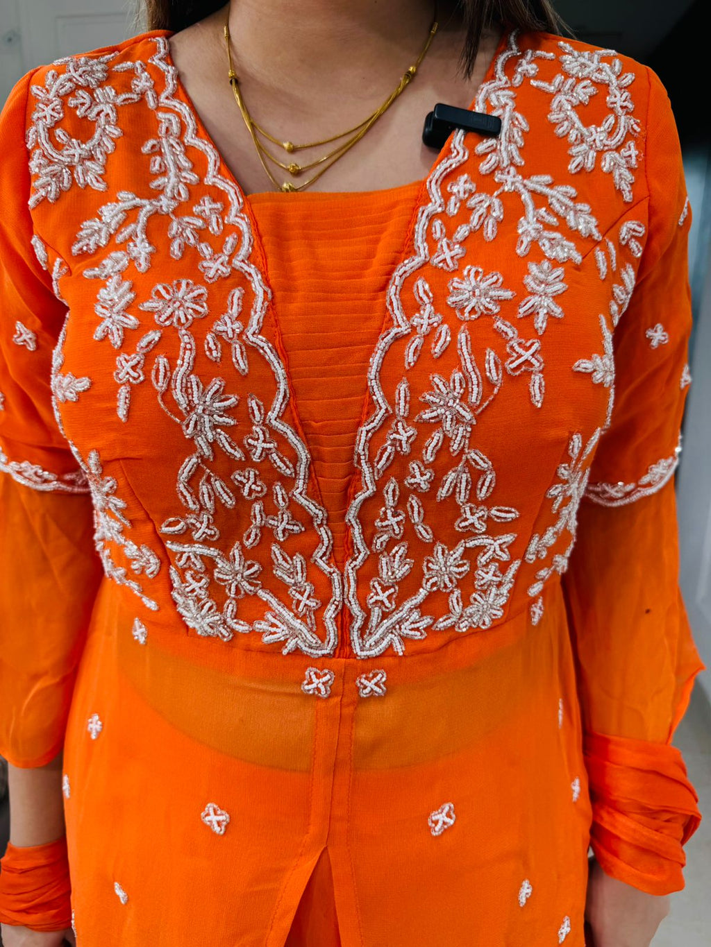 Amara👗 | Designer Orange Palazzo Suit Set – White Embroidered Kurta & Dupatta