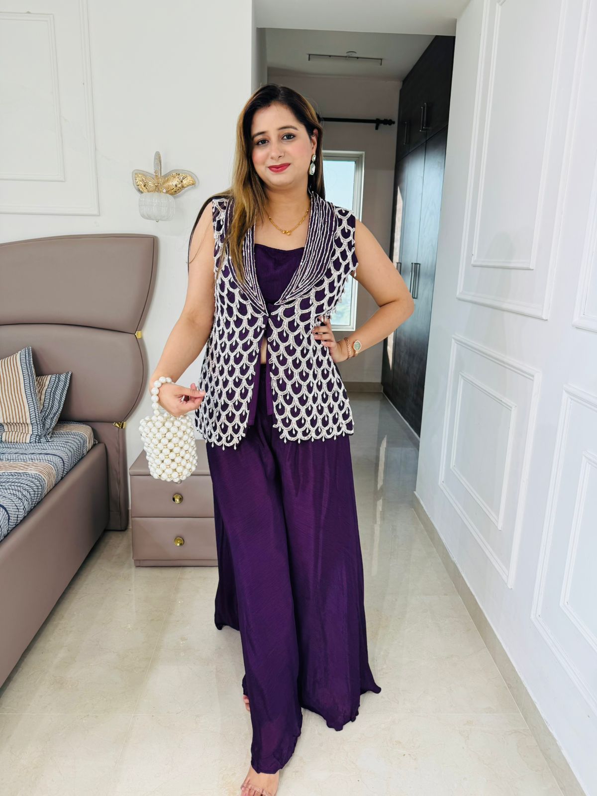 Mishri🎀 | Purple Beaded Jacket Set – Berry Motif Fusion Coord