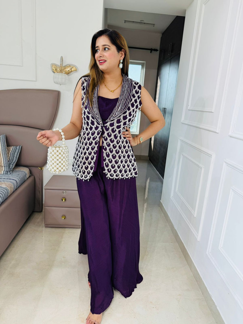 Mishri🎀 | Purple Beaded Jacket Set – Berry Motif Fusion Coord