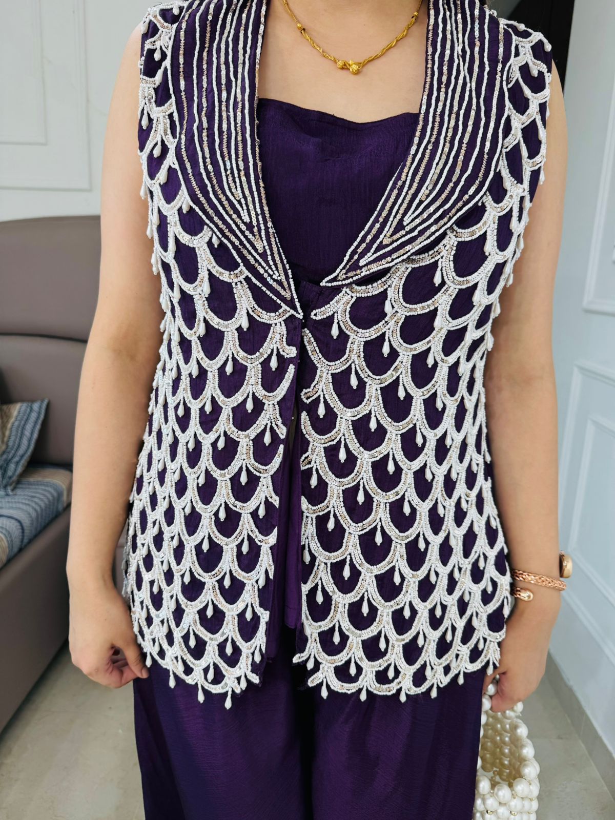 Mishri🎀 | Purple Beaded Jacket Set – Berry Motif Fusion Coord