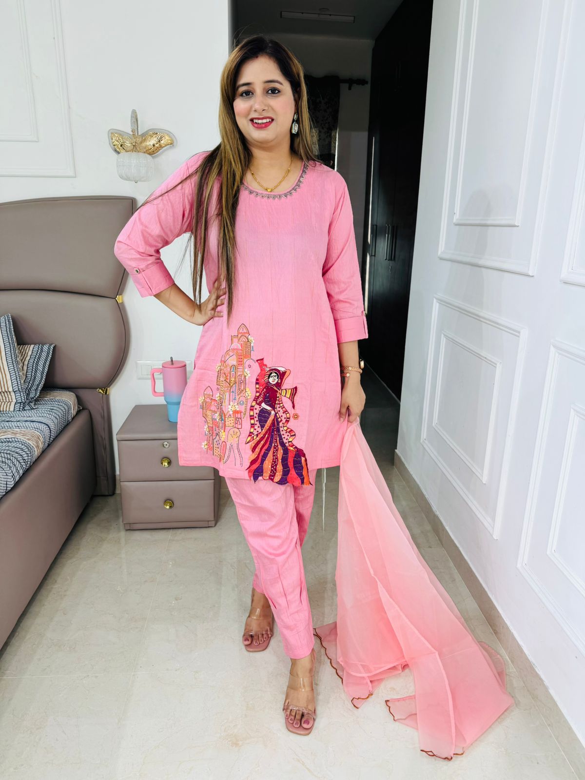Sahira🌷 | Soft Pink Artistic Motif Suit Set – Unique Ethnic Kurta Edition