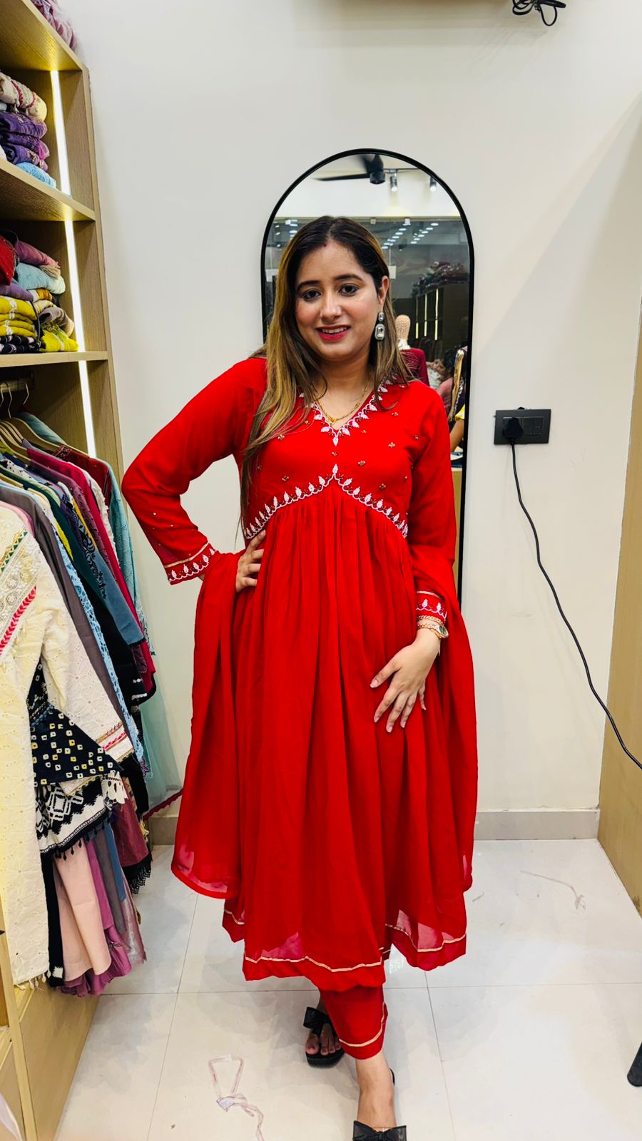 Samana💫 | Red Mirror Work Anarkali Suit Set – Festive Flared Edition