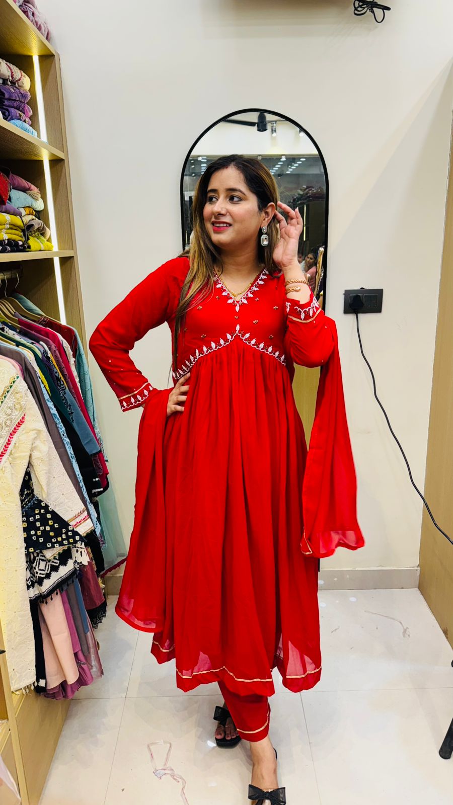 Samana💫 | Red Mirror Work Anarkali Suit Set – Festive Flared Edition