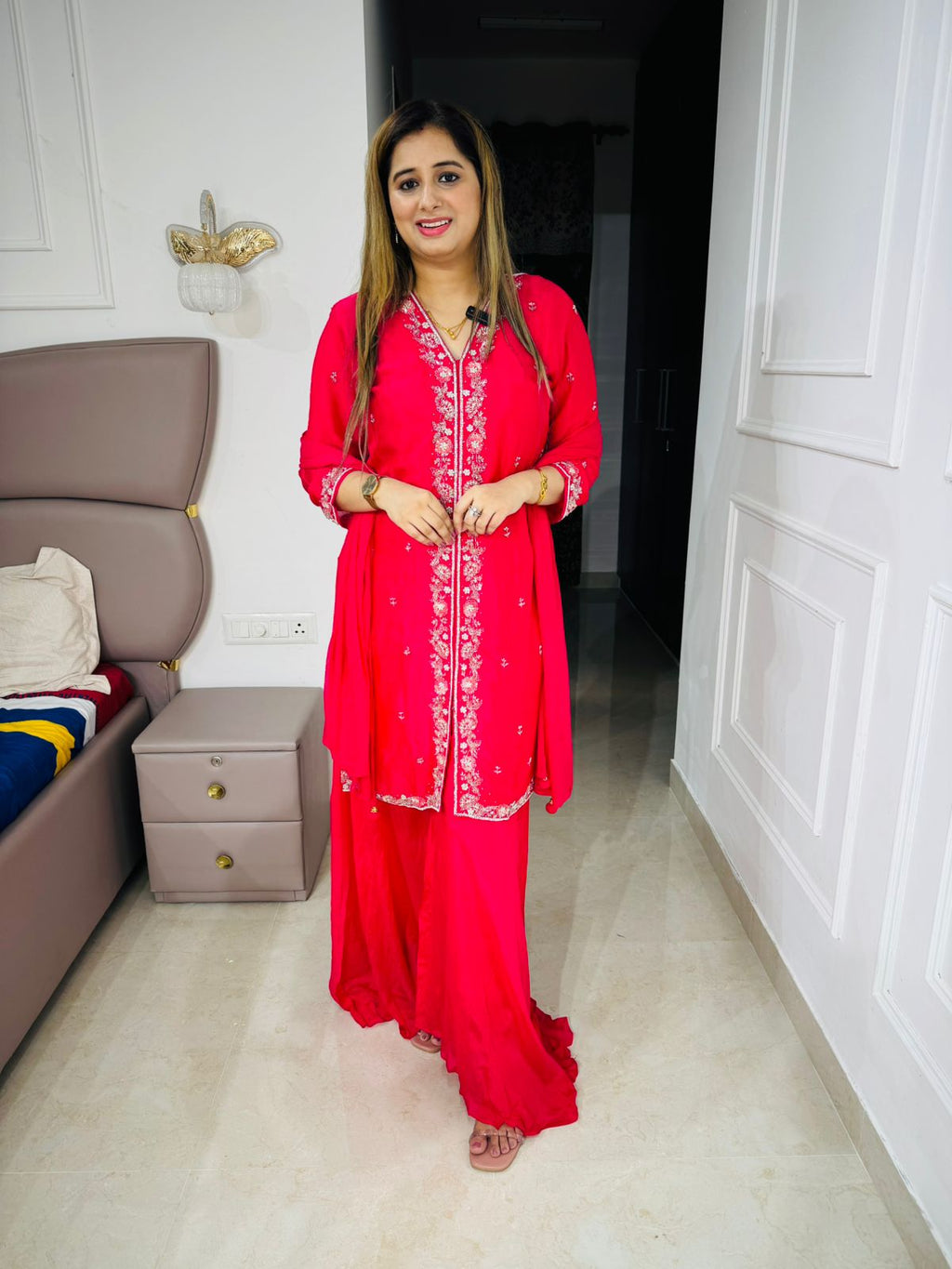 Prishna🫶🏻 | Radiant Red Ethnic Suit Set – Embroidered Kurta & Palazzo Pants