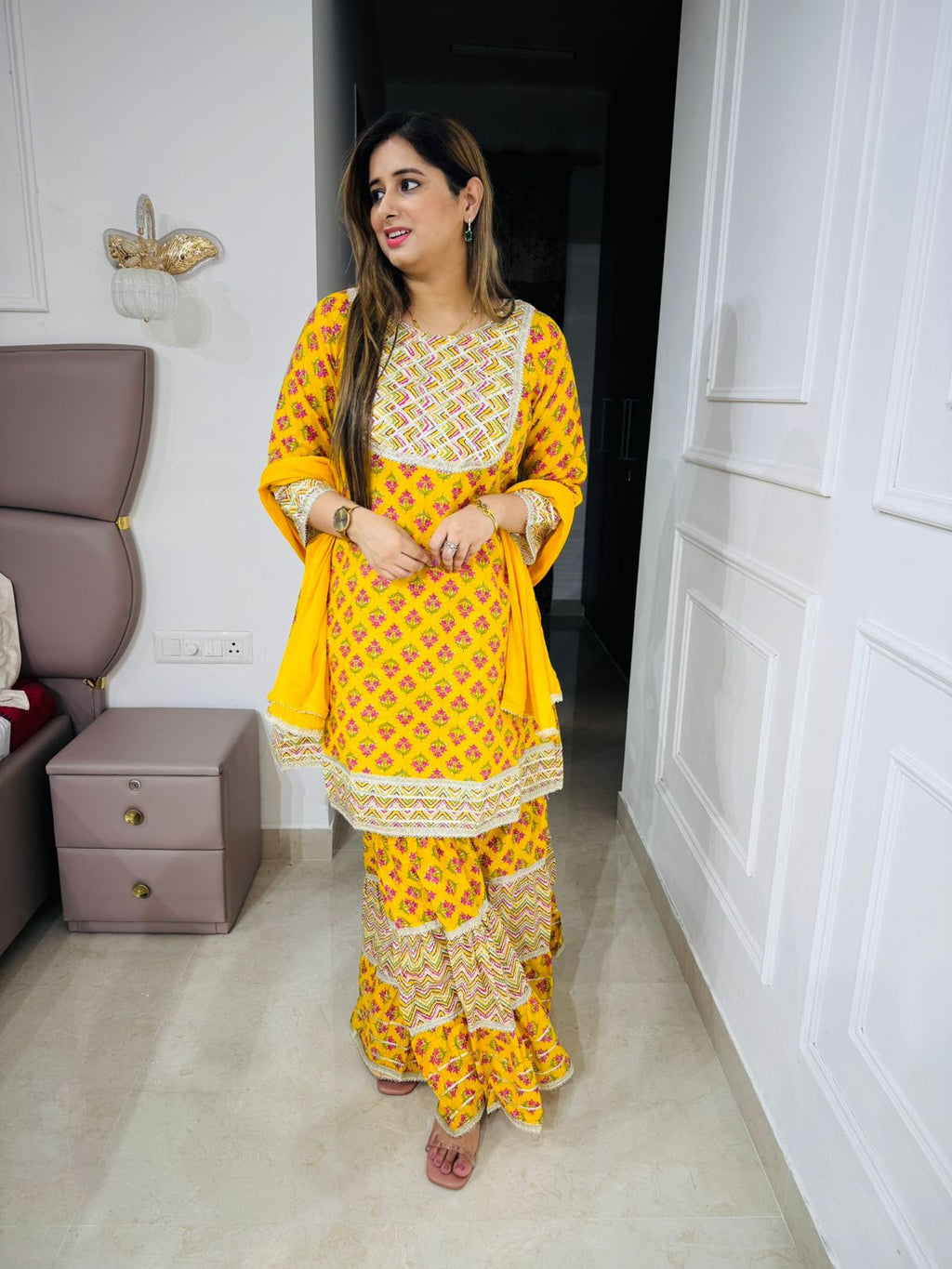 Navmi💛 | Sunshine Yellow Printed Sharara Set – Lace Embroidered Yoke Edition