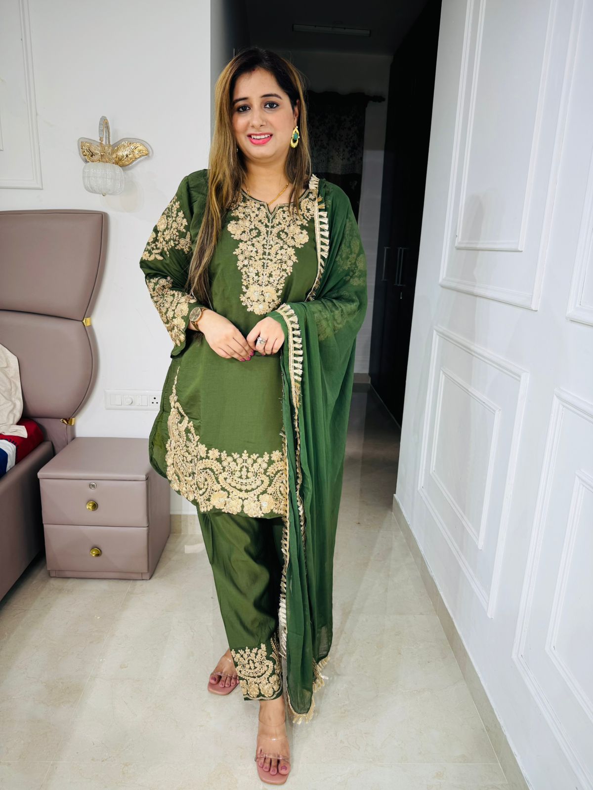 Amna | Designer Olive Teal Zari Work Suit Set – Heavy Embroidered Kurta and Dupatta