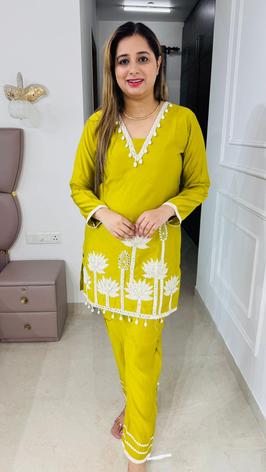 Oriva🌻 | Yellow Embroidered Coordset for Women – Lotus Hem and Lace Detail