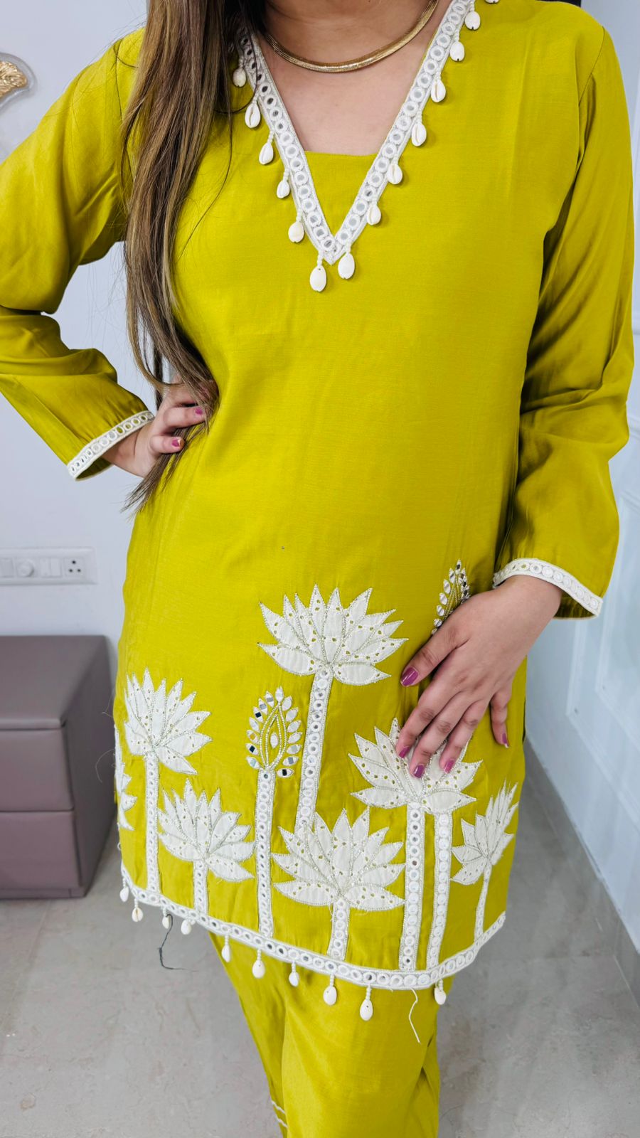 Oriva🌻 | Yellow Embroidered Coordset for Women – Lotus Hem and Lace Detail