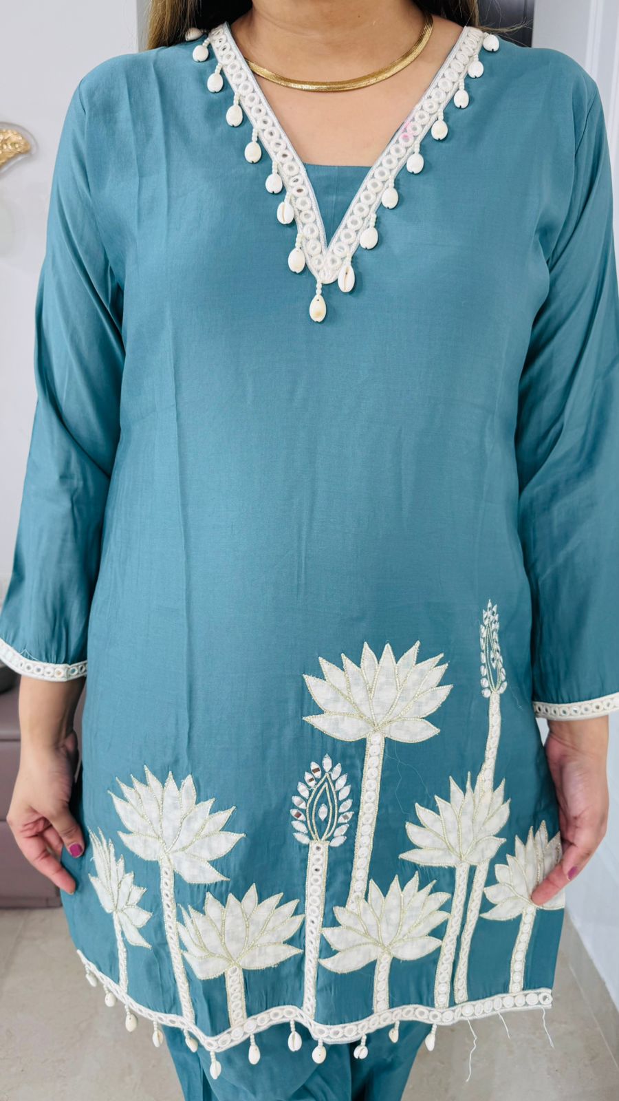 Oriva🌻 | Blue Embroidered Coordset for Women – Lotus Hem and Lace Detail