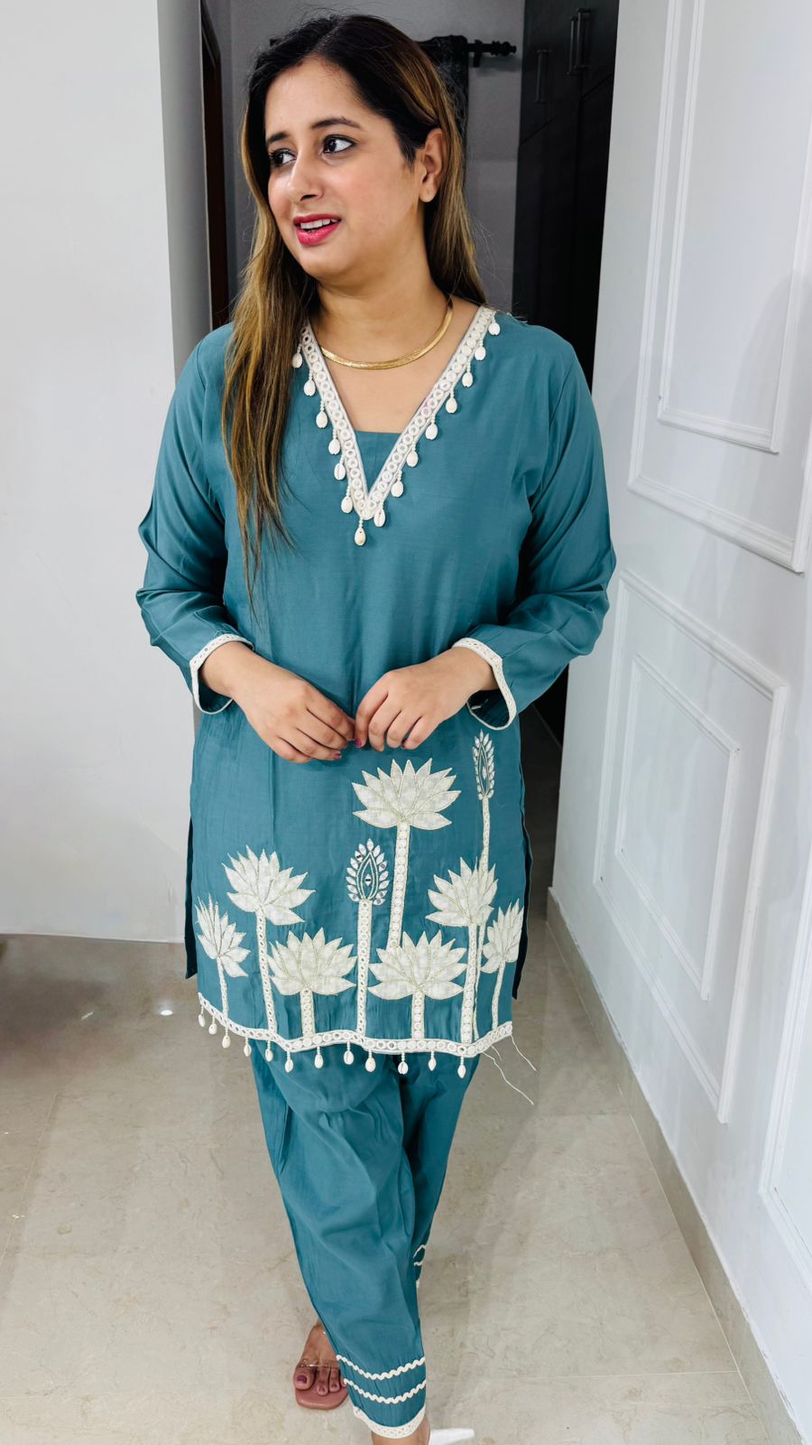 Oriva🌻 | Blue Embroidered Coordset for Women – Lotus Hem and Lace Detail