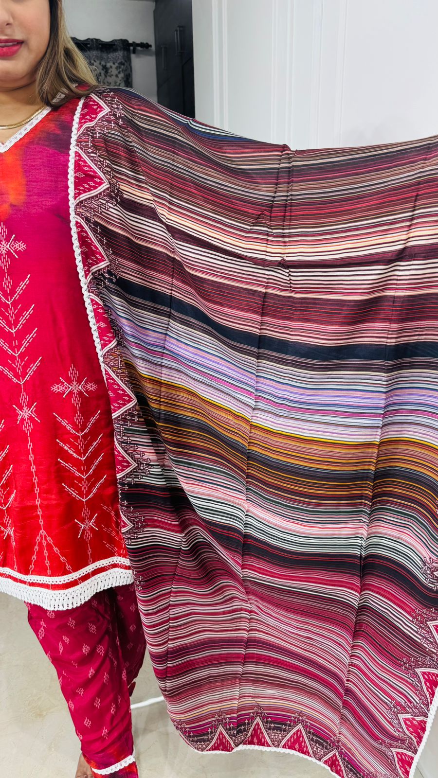 Evania🍃 | Festive Red Embroidered Suit Set – Multicolor Striped Dupatta Edition