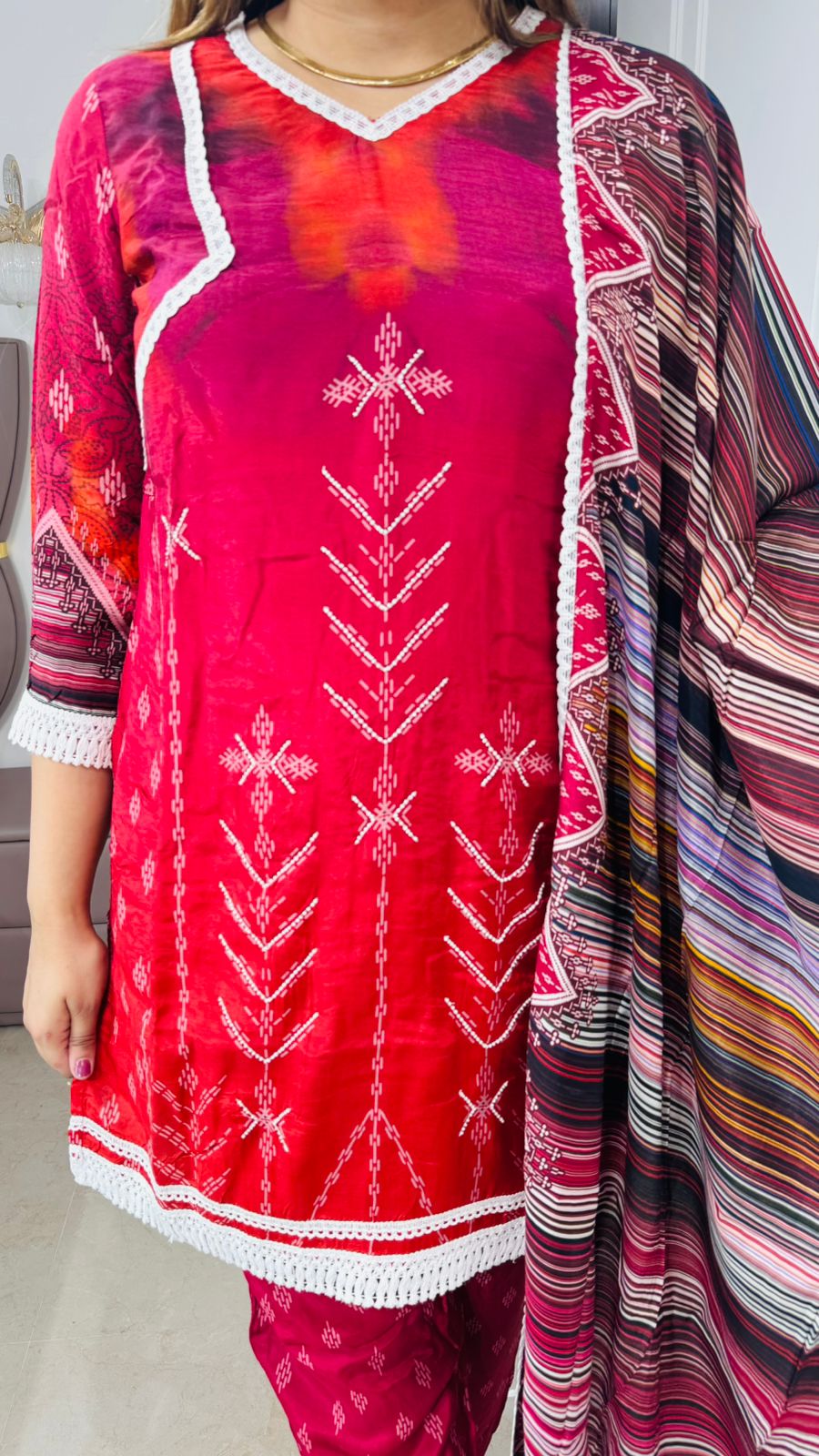 Evania🍃 | Festive Red Embroidered Suit Set – Multicolor Striped Dupatta Edition