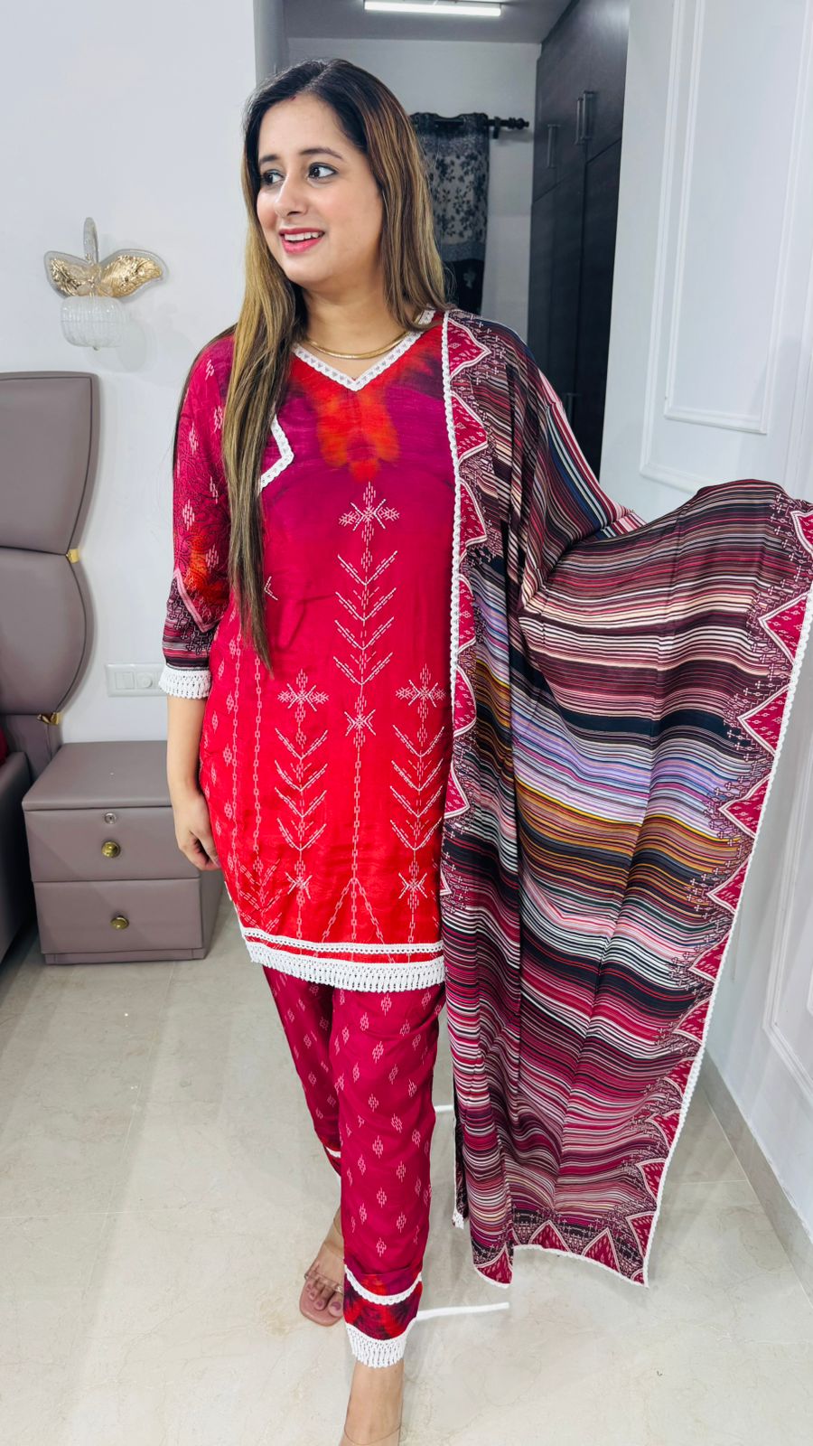 Evania🍃 | Festive Red Embroidered Suit Set – Multicolor Striped Dupatta Edition