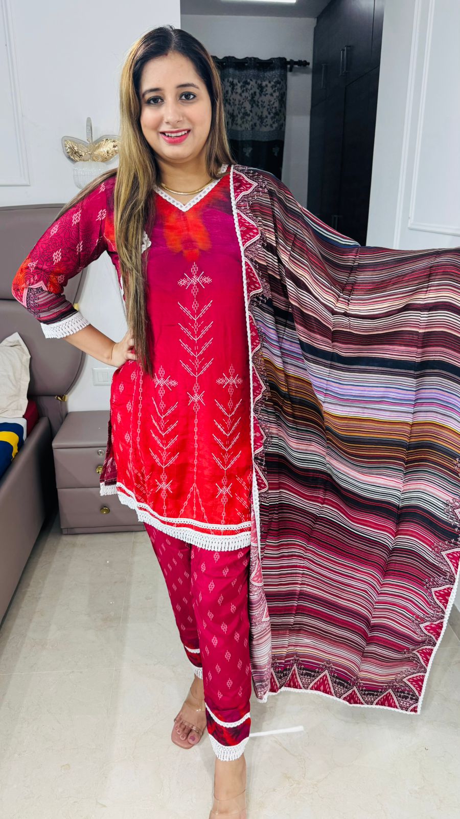 Evania🍃 | Festive Red Embroidered Suit Set – Multicolor Striped Dupatta Edition