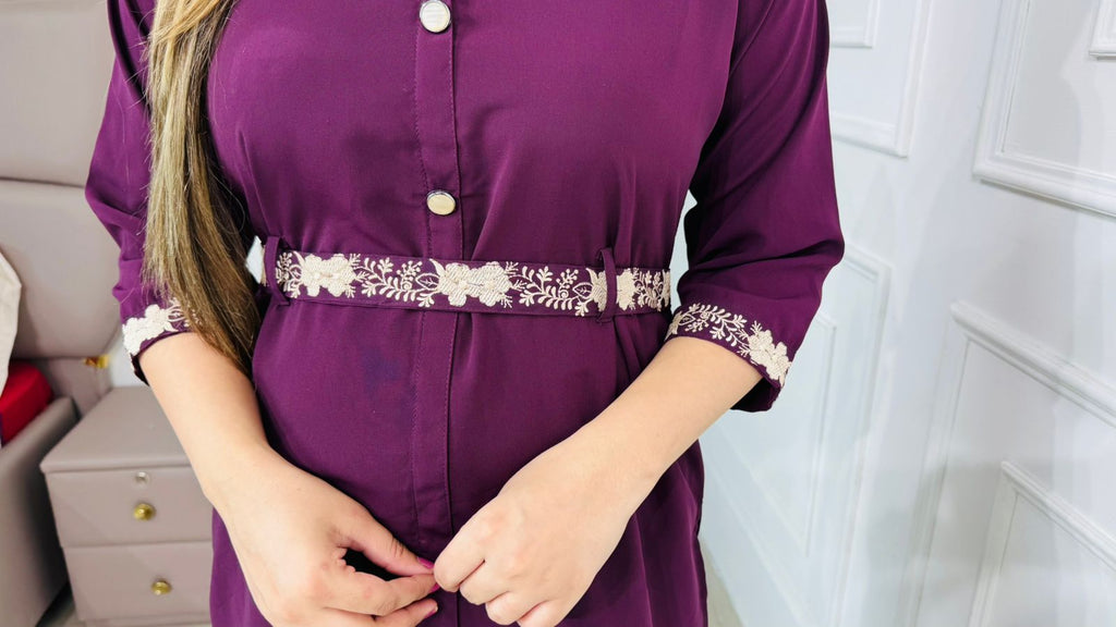 Nyara🌞 | Wine Floral Accented Coordset – Designer Shirt Kurta Set