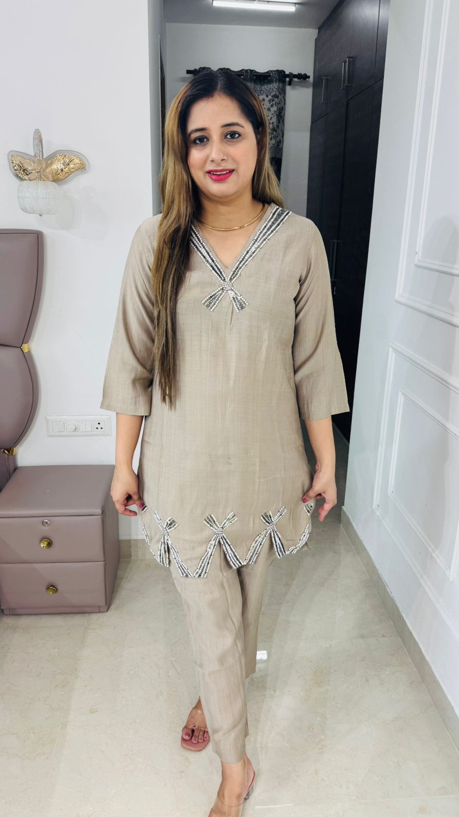 Celura🌙 | Beige Minimalist Embroidered Coordset – Contemporary Chic Edition