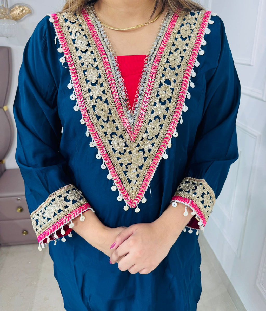 Florae💐 | Navy Ethnic Coordset – Mirror Lace V-Neck Kurta Edition