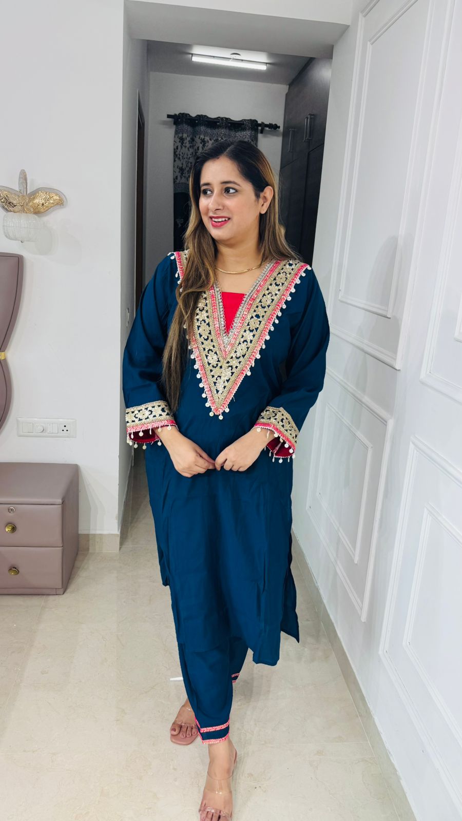 Florae💐 | Navy Ethnic Coordset – Mirror Lace V-Neck Kurta Edition