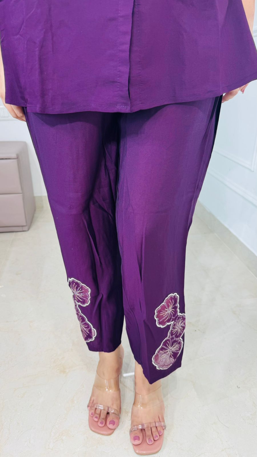 Venora👗 | Purple Floral Embroidered Coordset for Women – Shirt Style Kurta