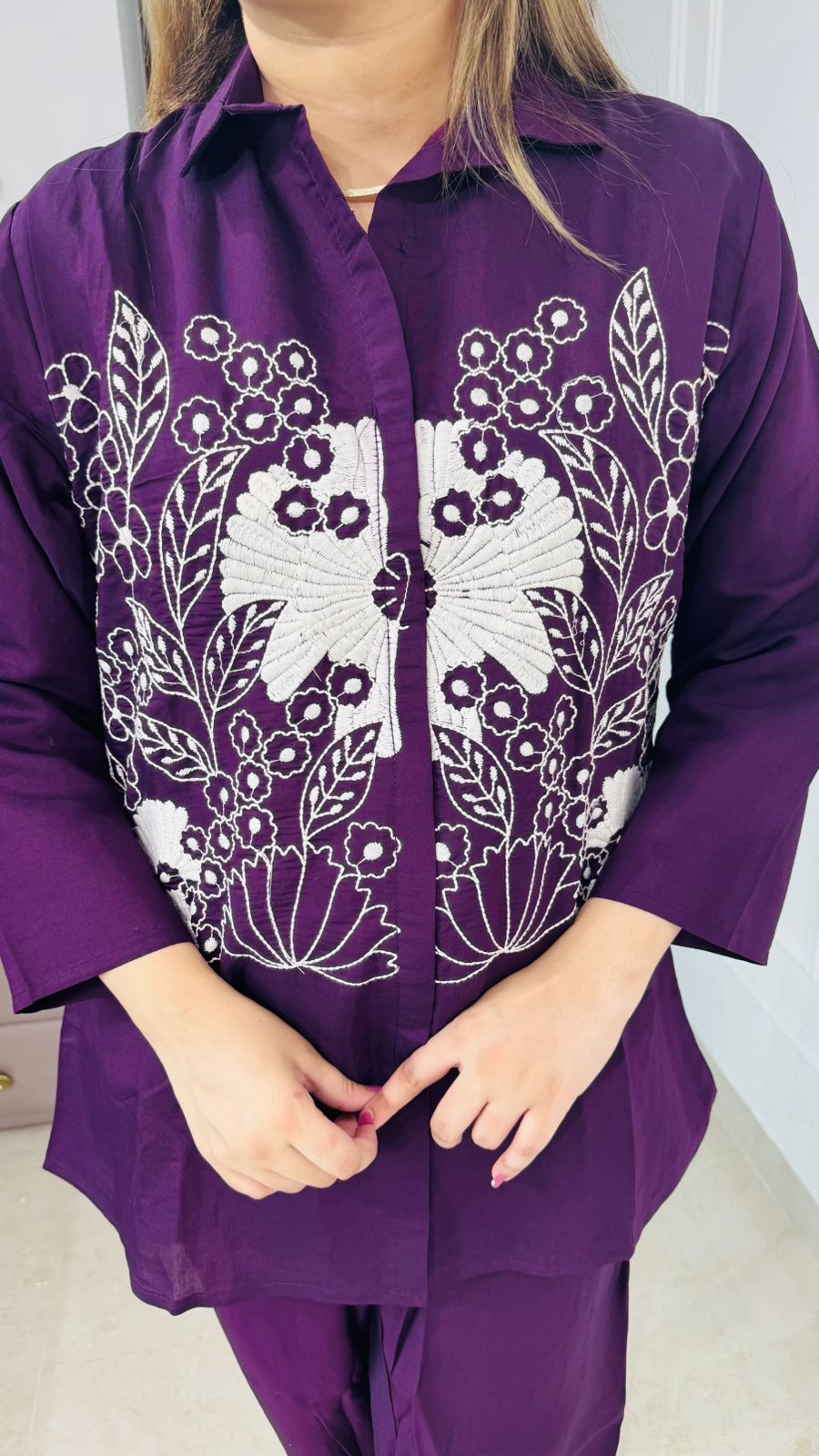 Venora👗 | Purple Floral Embroidered Coordset for Women – Shirt Style Kurta