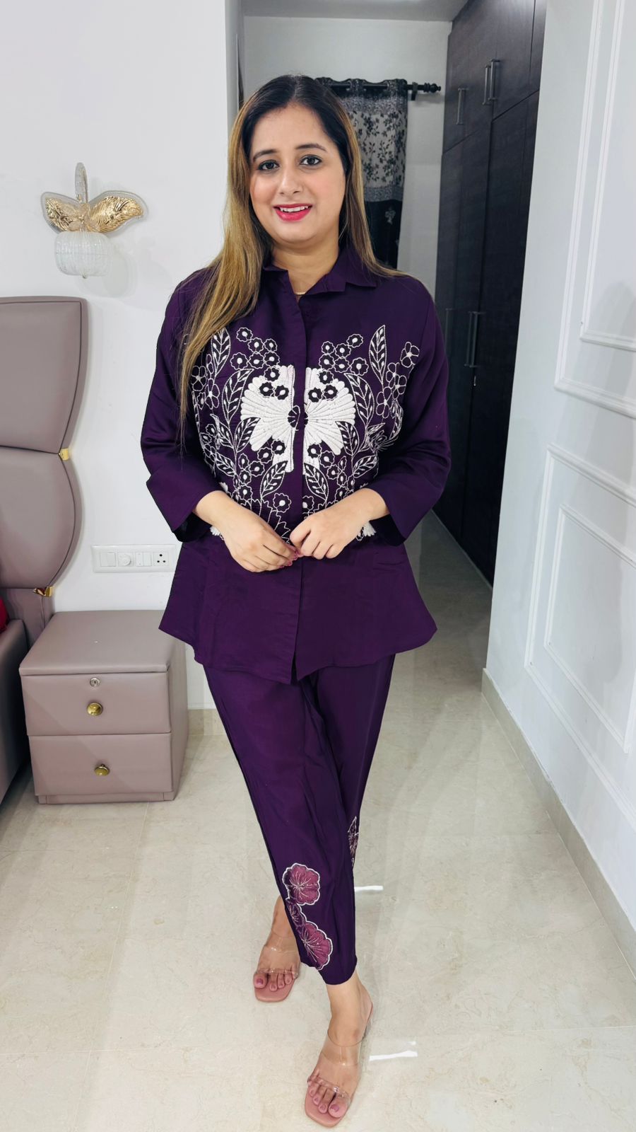 Venora👗 | Purple Floral Embroidered Coordset for Women – Shirt Style Kurta