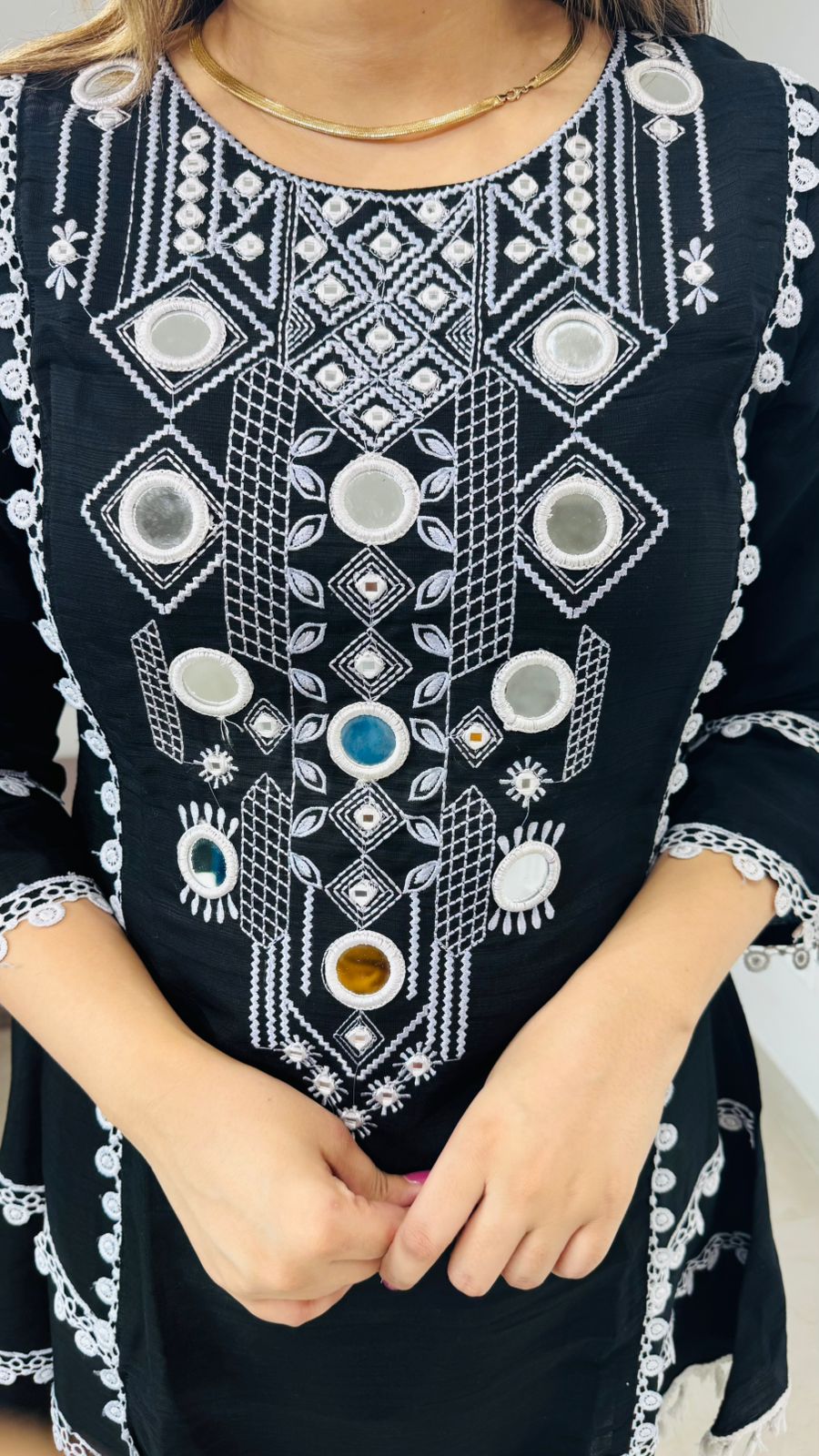 Rosa🌹 | Designer Black Embroidered Coordset – Tassel Lace and Mirror Kurta Set