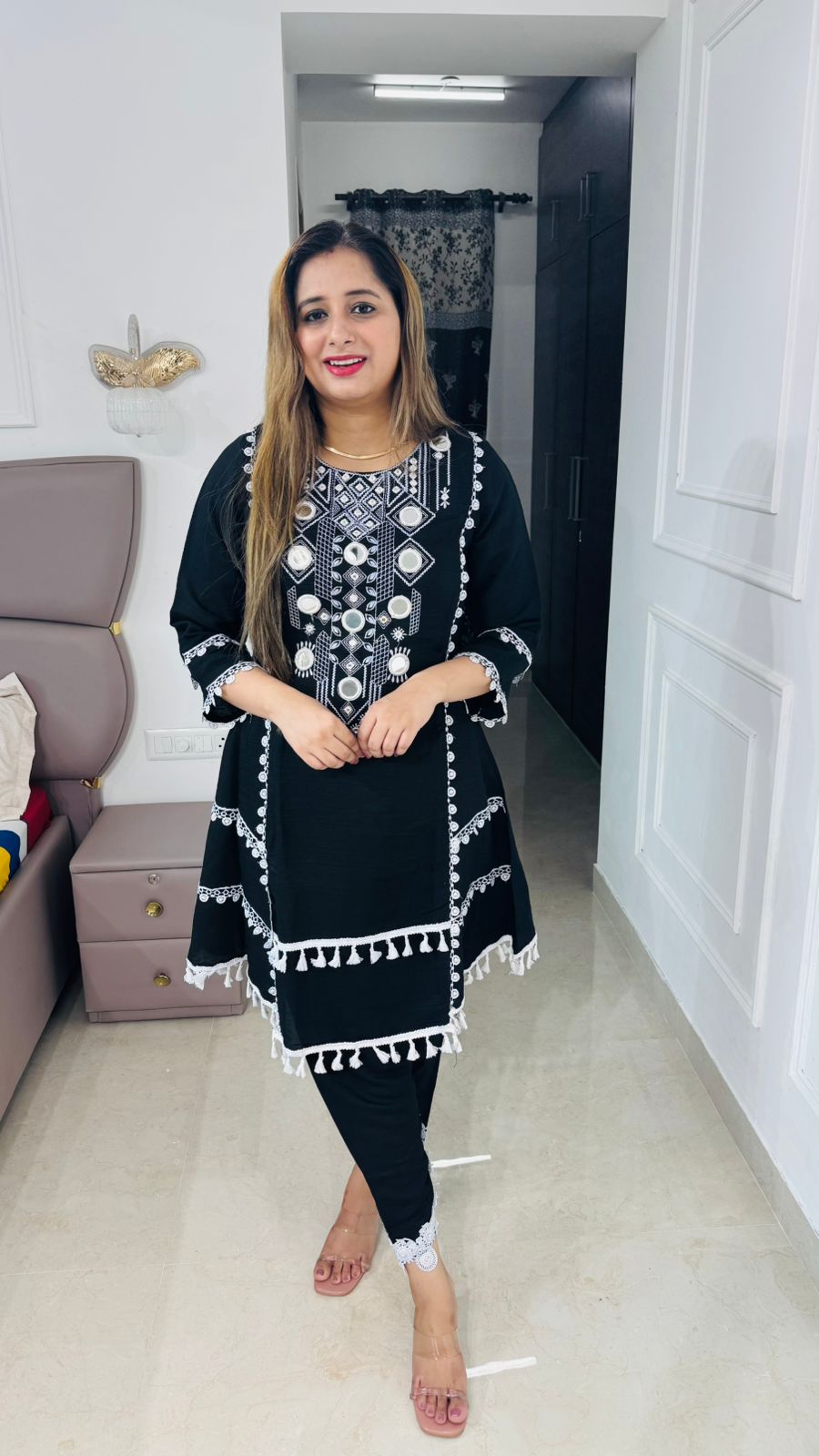 Rosa🌹 | Designer Black Embroidered Coordset – Tassel Lace and Mirror Kurta Set