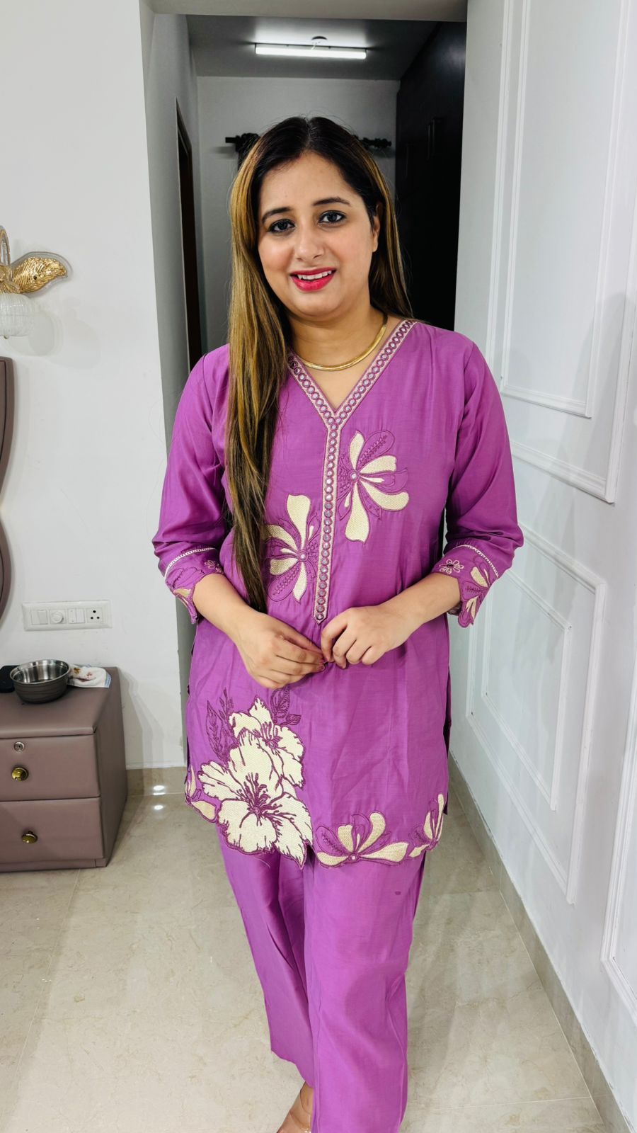 Blooma💐 | Purple Floral Embroidered Coordset – V-Neck Kurta & Pants