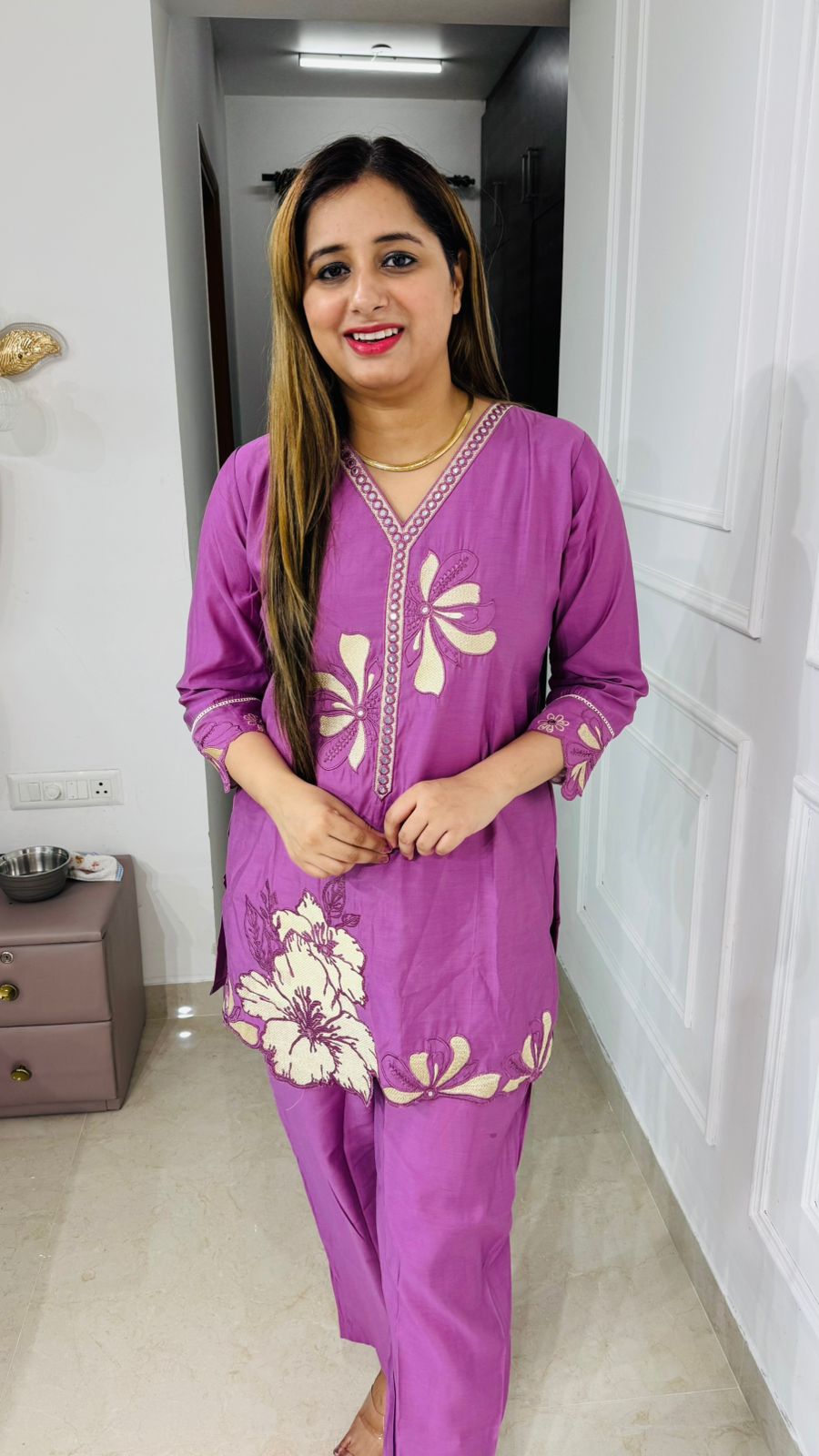 Blooma💐 | Purple Floral Embroidered Coordset – V-Neck Kurta & Pants