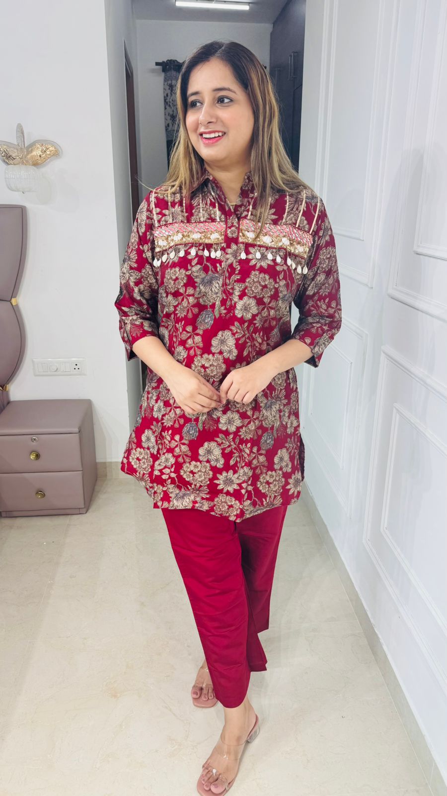 Tavira🌊 | Designer Red Floral Printed Coordset – Mirror Embellished Kurta Set