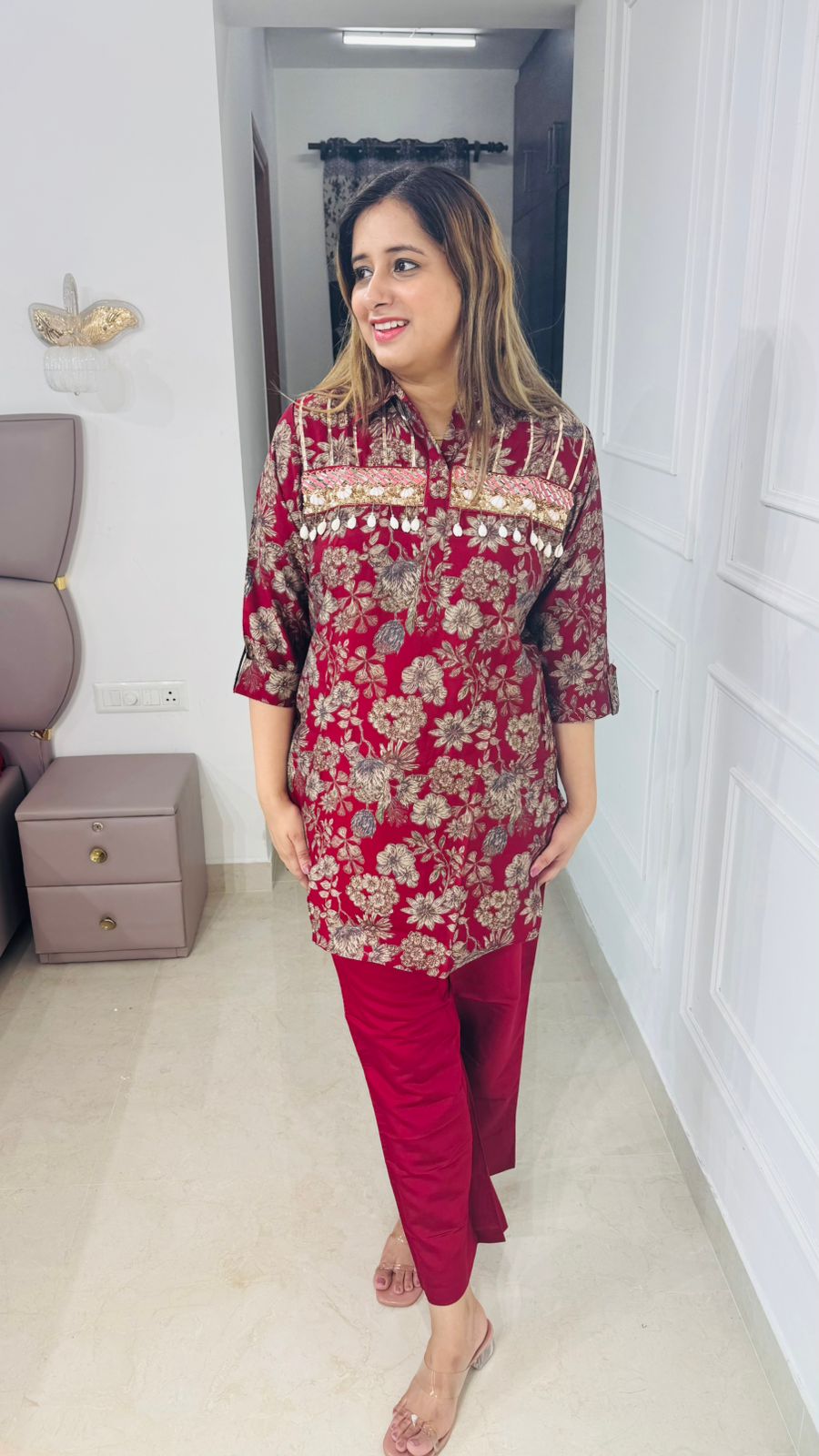 Tavira🌊 | Designer Red Floral Printed Coordset – Mirror Embellished Kurta Set