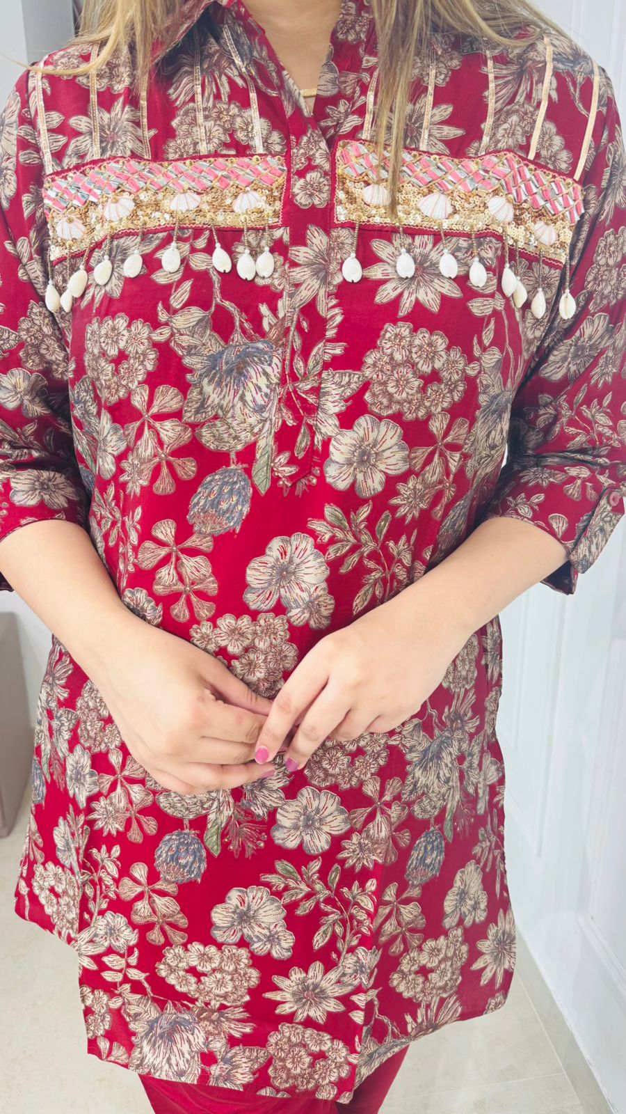 Tavira🌊 | Designer Red Floral Printed Coordset – Mirror Embellished Kurta Set