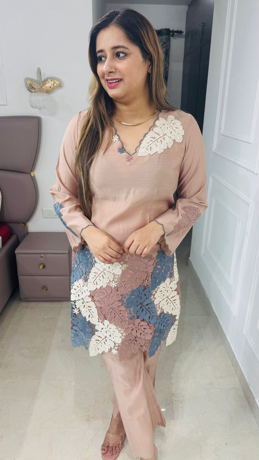 Eshra✨ | Dusty Pink Embroidered Coordset – Colorblock Leaf Lace Detailing
