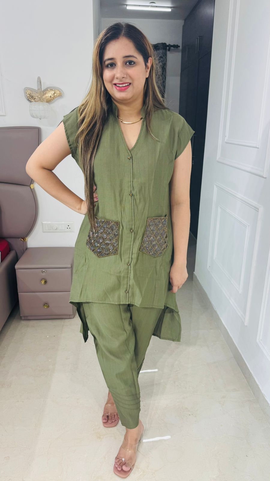 Avora🌟 | Olive Green Pocket Embroidery Coordset – Sleeveless Designer Edition