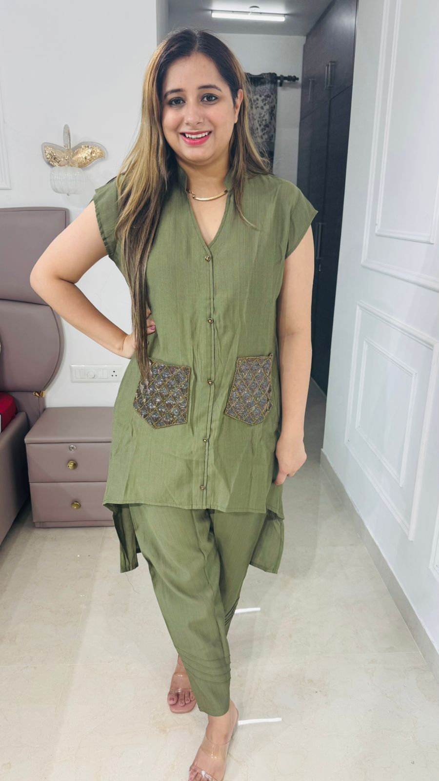 Avora🌟 | Olive Green Pocket Embroidery Coordset – Sleeveless Designer Edition