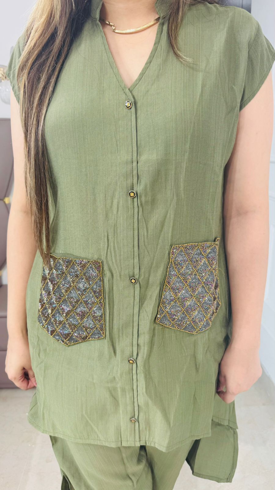 Avora🌟 | Olive Green Pocket Embroidery Coordset – Sleeveless Designer Edition