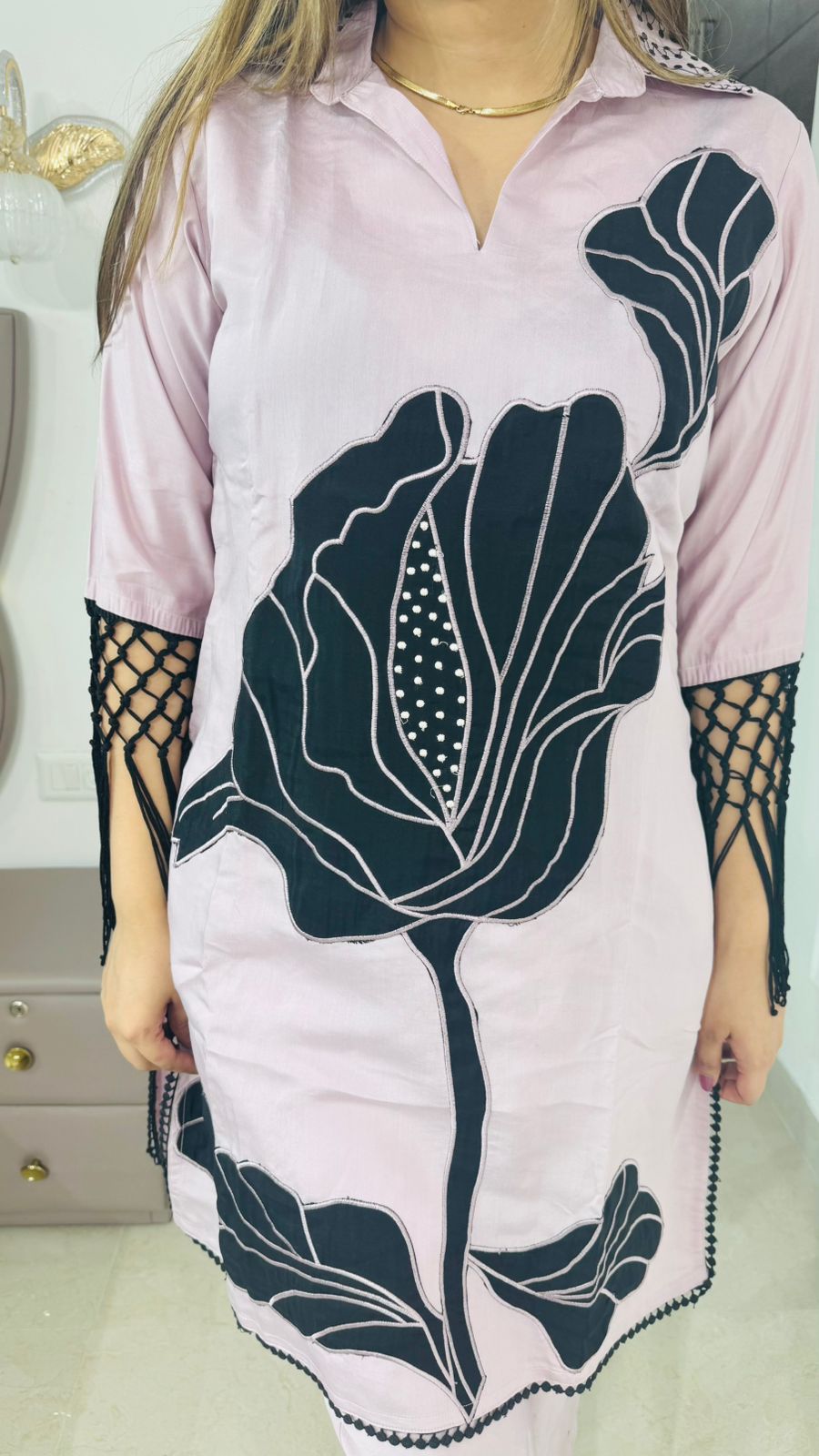 Savya🔥 | Statement Lilac Kurta Set – Bold Black Floral and Fringe