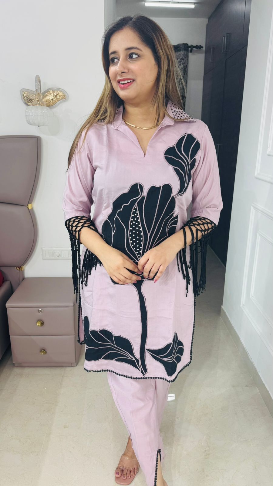 Savya🔥 | Statement Lilac Kurta Set – Bold Black Floral and Fringe