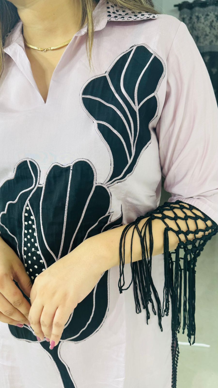 Savya🔥 | Statement Lilac Kurta Set – Bold Black Floral and Fringe