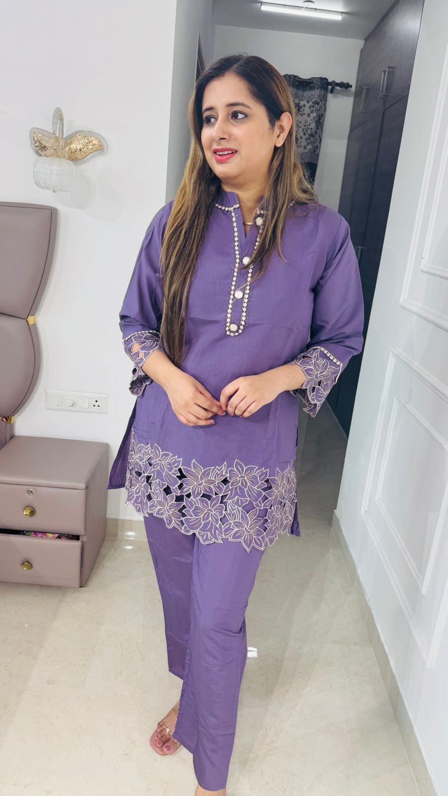 Kalira💧 | Lavender Lace Cutwork Coordset – Pearl Embellished Kurta Set