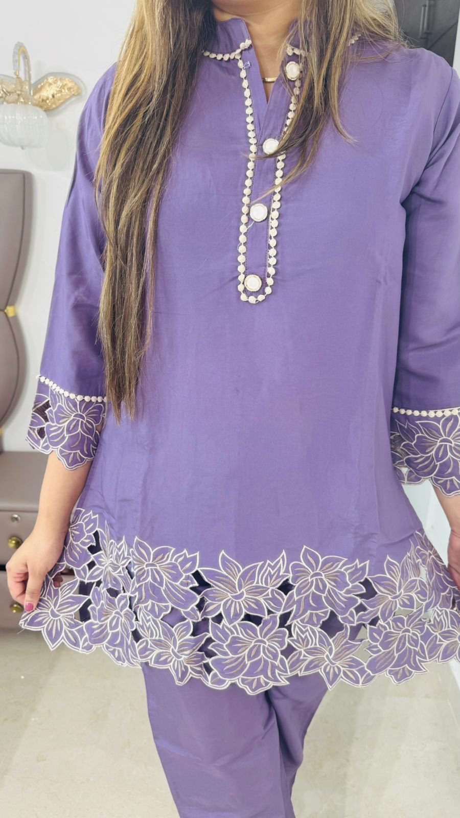 Kalira💧 | Lavender Lace Cutwork Coordset – Pearl Embellished Kurta Set
