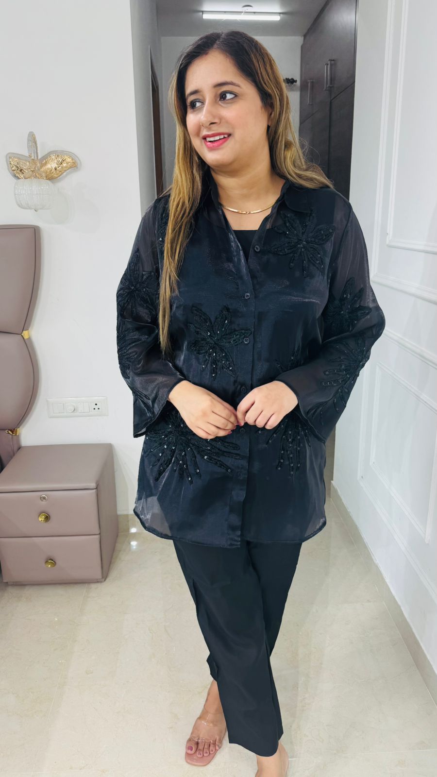 Ravia✨ | Midnight Black Embroidered Coordset – Beaded Floral Elegance