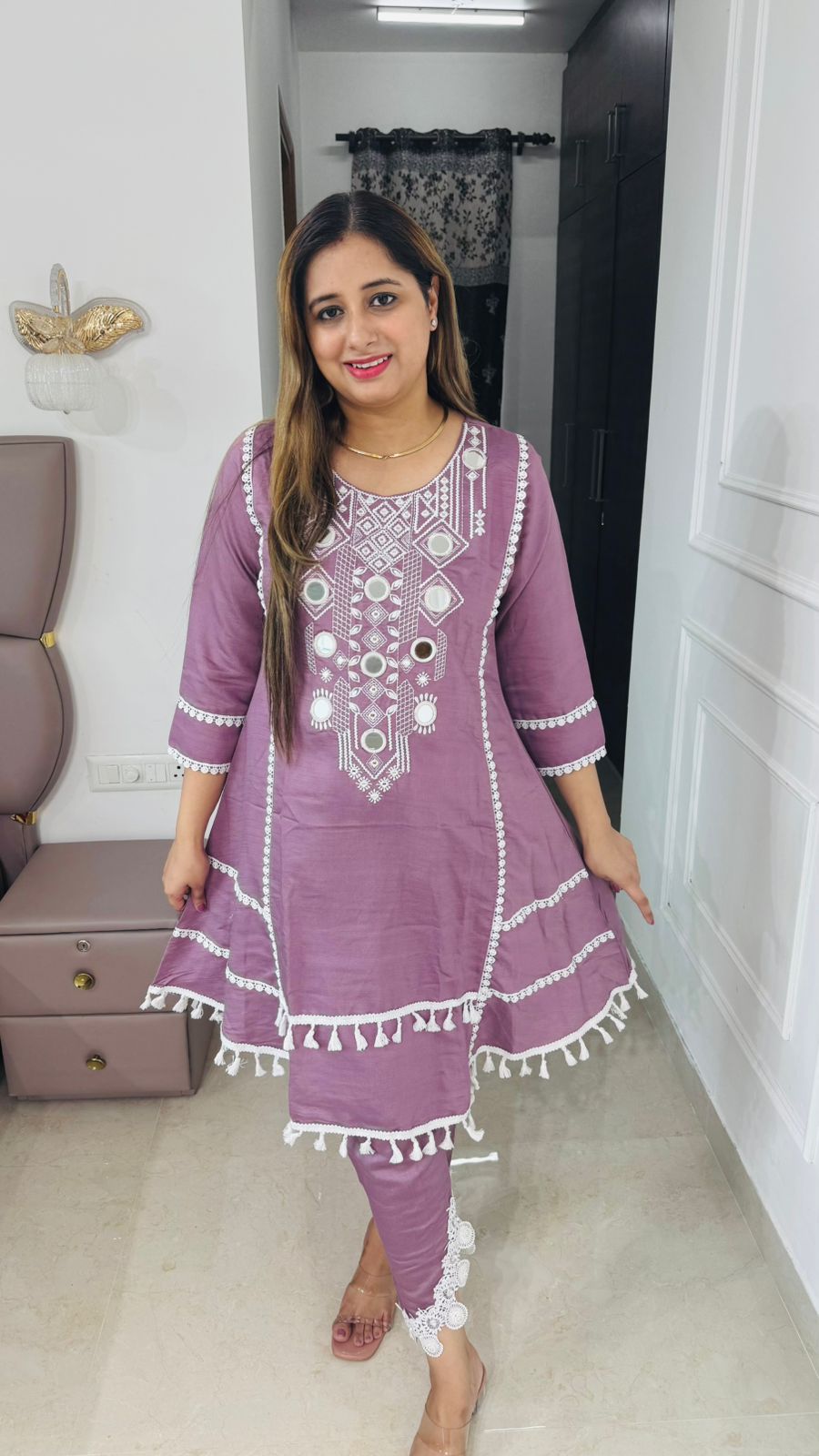 Liora🕯️ | Lavender Mirror Work Coordset – Tassel Lace A-Line Kurta