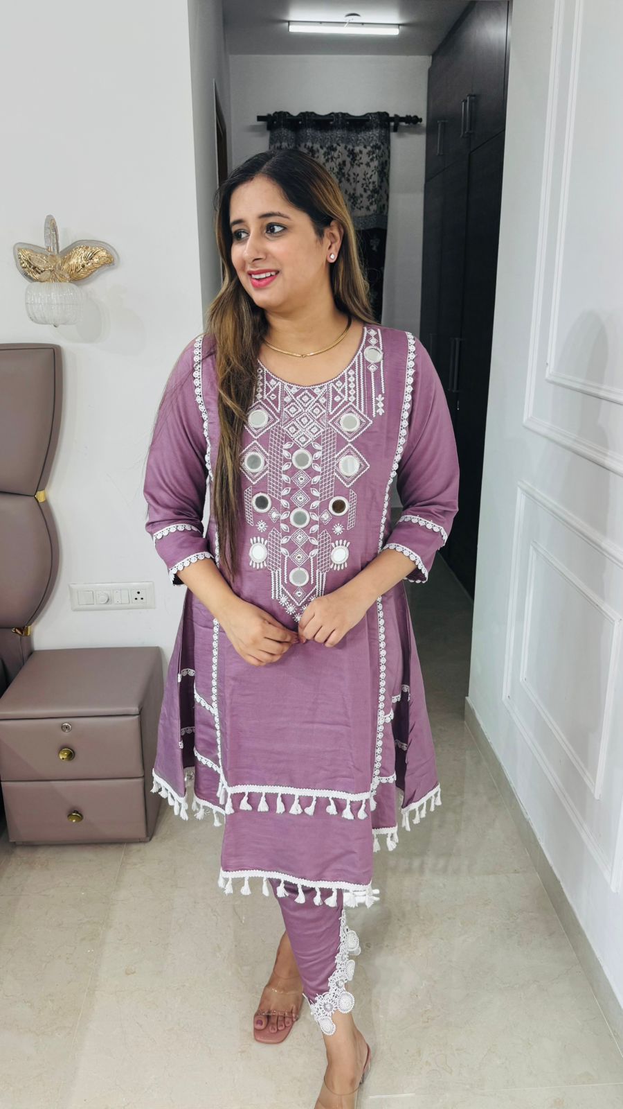 Liora🕯️ | Lavender Mirror Work Coordset – Tassel Lace A-Line Kurta