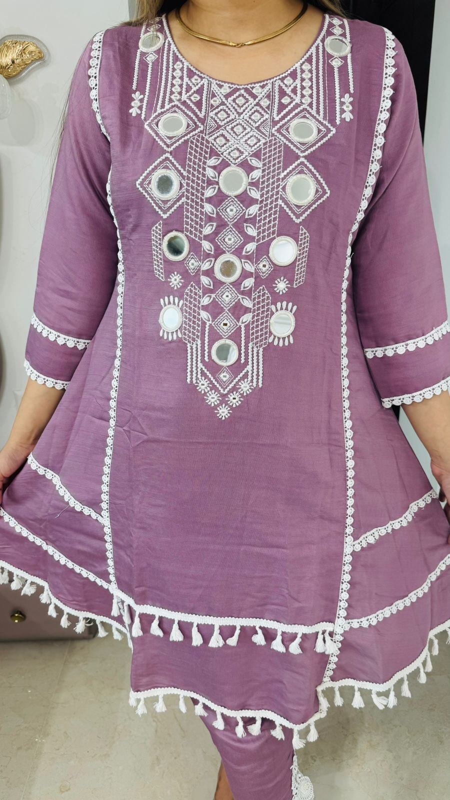 Liora🕯️ | Lavender Mirror Work Coordset – Tassel Lace A-Line Kurta