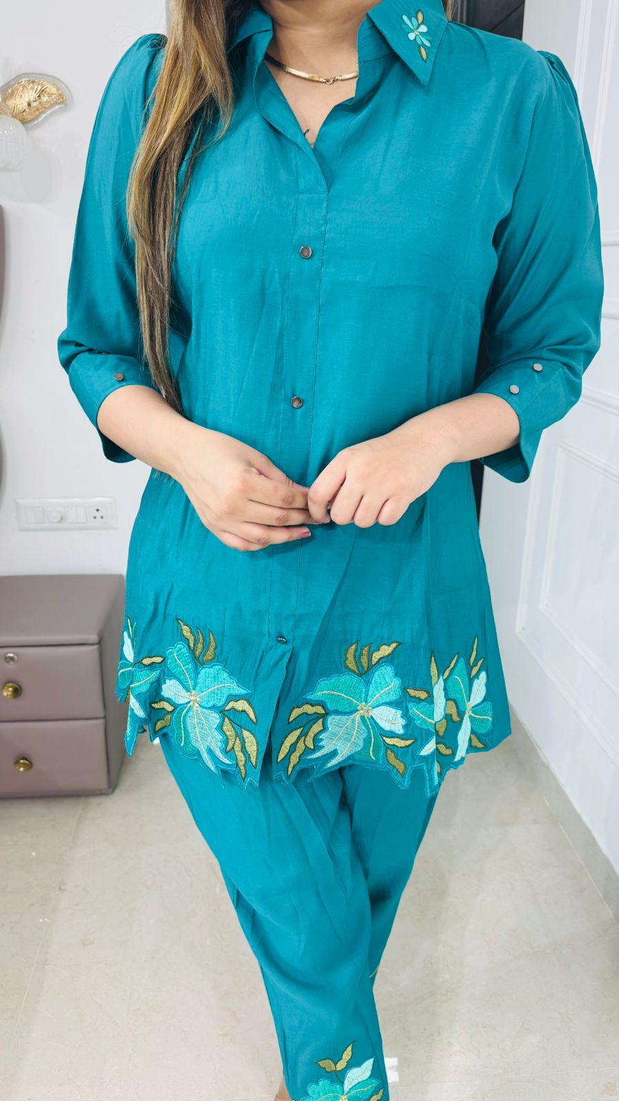 Miren🌸 | Designer Turquoise Coordset with Bold Hem Embroidery