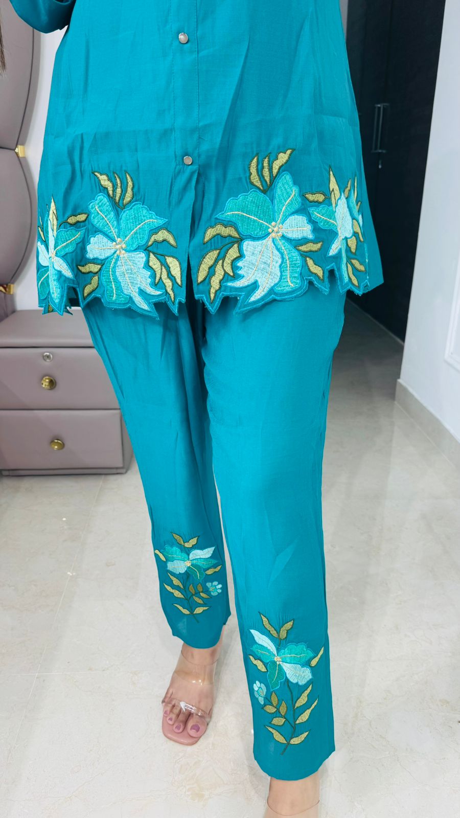 Miren🌸 | Designer Turquoise Coordset with Bold Hem Embroidery